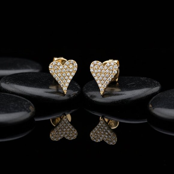 Heart Shape Diamond 14K (or 18k upon request) Yellow Gold Stud Earrings - Picture 4 of 4